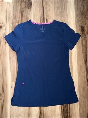 HeartSoul Navy V-Neck Scrub Top with Pink Accent